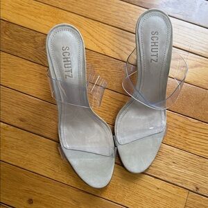 SCHUTZ Clear Strap Slide Mules in Beige Suede